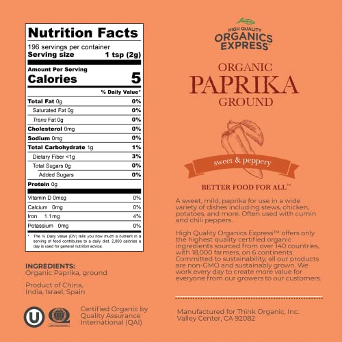 Hqoexpress Organic Paprika – Non Gmo, Kosher, Usda Certified Organic Ground Paprika Powder – Sweet And Mildly Spicy Seasoning For Soups, Chilis, Sauces And Stews, 18 Oz. Chef Jar #TOP3