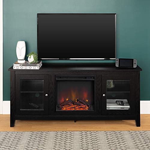 Walker Edison Rustic Wood And Glass Fireplace Tv Stand For Tv's Up To 64" Flat Screen Living Room Storage Cabinet Doors And Shelves Entertainment Center, 58 Inch, Black #TOP2
