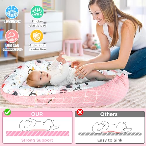 Image of KISS GOLD Baby Lounger - Breathable Soft Cotton Cover Lounger Nest, Babies Essentials Gifts, Portable Infant Lounger for Baby Tummy Time Floor Playing Seated Support for Home and Travel