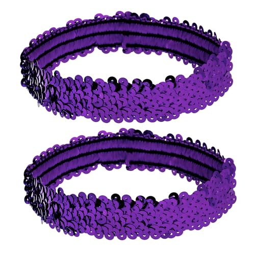 PENTA ANGEL Sequin Headband for Women 2Pcs 80s 90s Vintage Elastic Stretch Sparkle Glitter Fashion Hair Band Accessories for Halloween Party Costume (Purple, 3×16.5cm)
