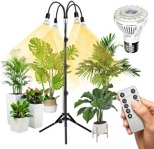SANSI Grow Lights for Indoor Plants, 4 Head Dimmable 40W Full Spectrum LED Plant Lights, 21"-55" Adjustable Height Plant Lights for Indoor Growing with Remote Control Timer 4 Pack of Par20 10W Bulb