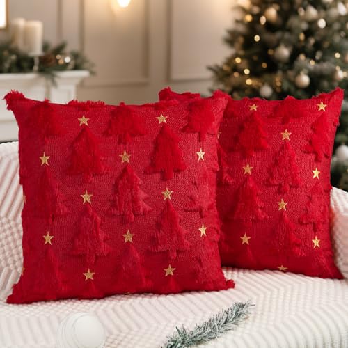 Miaikoe Weihnachtskissenbezüge 40x40 cm 2er Set Rot Weihnachtsbaum...