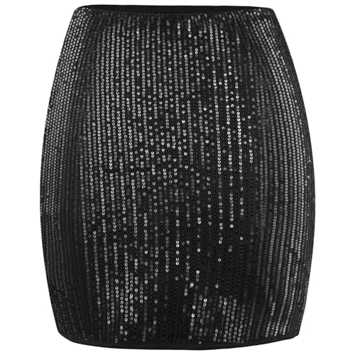 OFFCUP Sequin Skirt, Stretchy Bodycon Mini Skirts, Wrapped Sparkly Glitter Short Skirt Costume Rave Shiny Mini Skirts Summer Dance Street Club Party Night Out Party-S Black