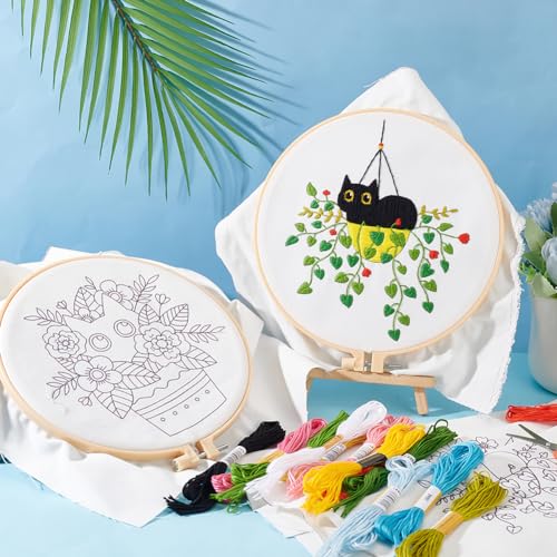 Image of INFUNLY 4 Pack Embroidery Starter Kit Black Cat Cross Stitch Kit with Instructions DIY Beginner Plant Embroidery Set with Plastic Embroidery Hoops,Threads and Needles for Beginners Adults DIY Craft