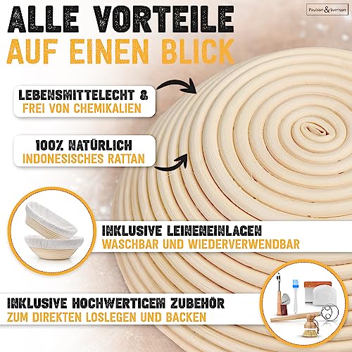 Foto von Paulson & Svenson - 2 Stück Gärkörbchen oval im Komplett-Set zum Brotbacken - 100% natürlichem Rattan - Inkl. Schneebesen, Teigschaber, Leinentuch, Pinsel & Bäckermesser - Gärkorb für Brot Backen
