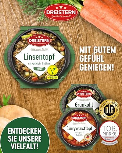 DREISTERN Linseneintopf 400g I Mit Kartoffeln & Gemüse I Veganes Fertiggericht in Mikrowellenschale I Lange Haltbarkeit dank natürlicher Konservierung I Hausmacher Qualität