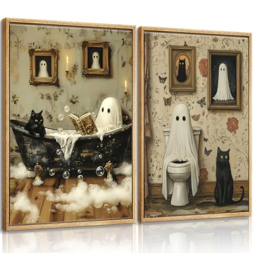 2 pcs Funny Ghost Bathroom Wall Art Spooky Ghost on Toilet Wall Decor Gothic specter and Cute Black Cat Canvas Poster Dark Academia specter Painting Prints for Toilet Halloween Decor 8x10 In Unframed