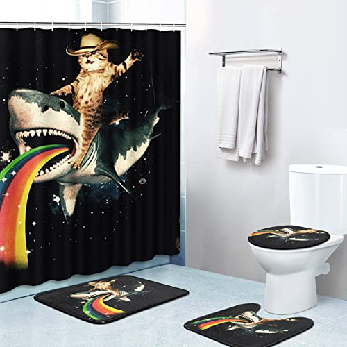 4 Pcs Shower Curtain Funny Cat With Wale Black Shower Curtain With Non-Slip Rugs,Toilet Lid Cover And Kid Bath Mat,Bathroom Sets Decorations 72" X 72" #TOP4