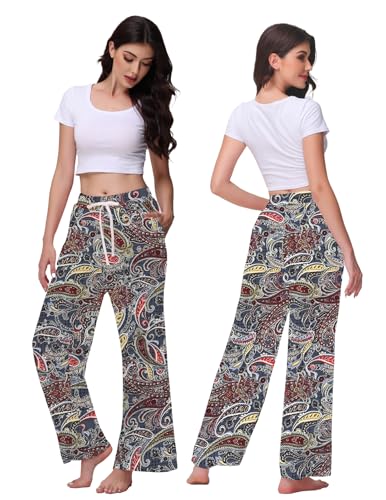 Image of Veseacky Women's Wide Leg Lounge Pants Yoga Pajamas Comfy Stretch Drawstring Pajamas Puls Size Dance Bottoms S-4XL