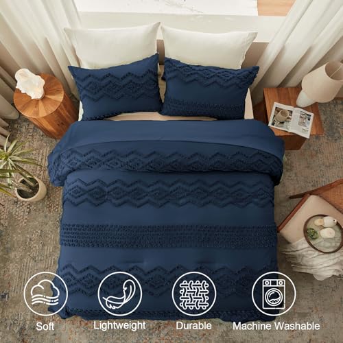 Image of Luxudecor Navy Blue Boho Tufted Comforter Set Queen Size 3 Pieces Boho Shabby Chic Comforter Farmhouse Embroidery Bedding Set Soft Comforter for All Seasons (Navy Blue, 90''x90'')