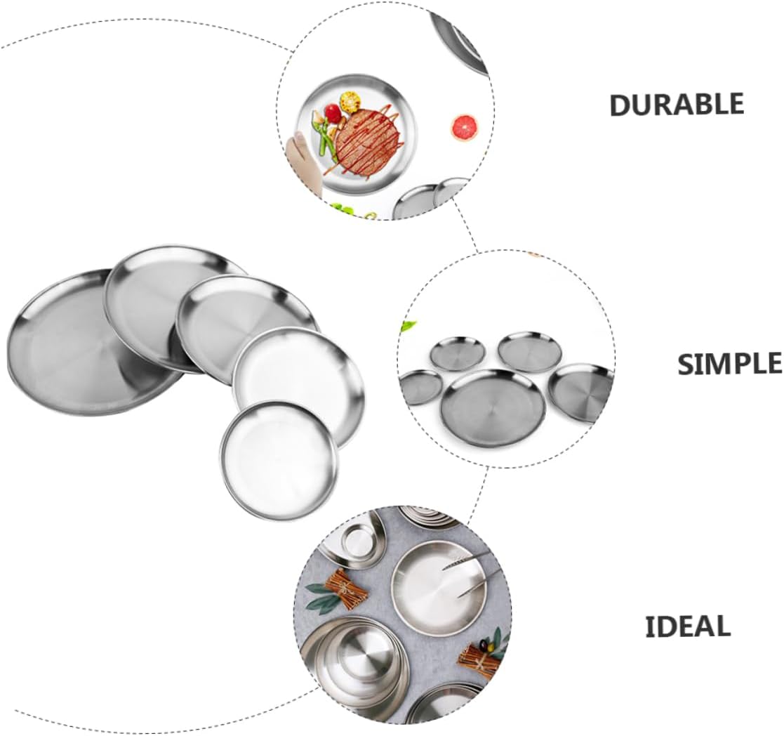 5Pcs Stainless Steel Plate Multi Purpose Dinner Plates Unbreakable and Heat Insulation for Fruits Snacks Parties Outdoor Picnics and More