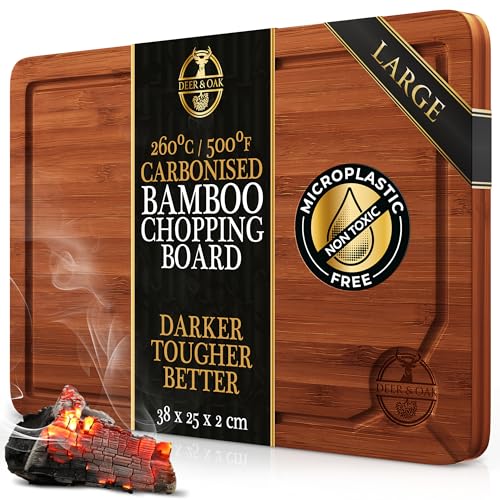 Deer & Oak Large Carbonised Bamboo Wooden Chopping Board 38x25x2cm, Pre Oiled Premium Wood Kitchen Cutting Board for Carving Meat or Vegetables