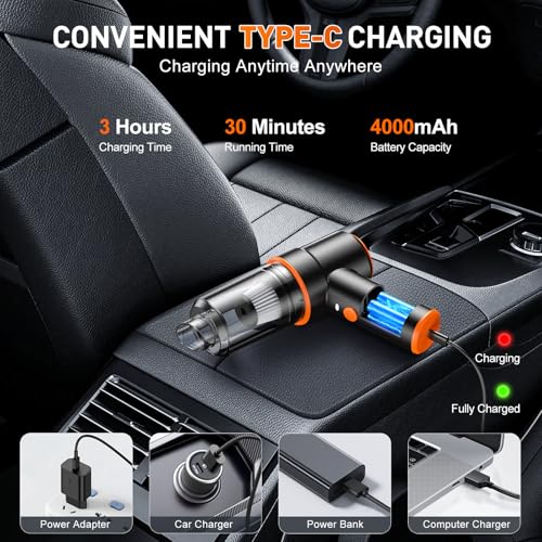 KMM Handheld Car Vacuum Cleaner, 11000PA Vacuum Cleaner & Air Duster, 120W High Power Car Vacuum Portable Cordless, Hand Held Vacuum Rechargeable with Multi-Nozzles & LED Light for Home, Car, Office