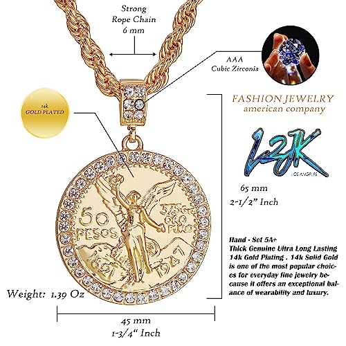 Hip Hop 14k Gold Plated Iced Centenario Pendant 24" Rope Chain Bling Necklace3