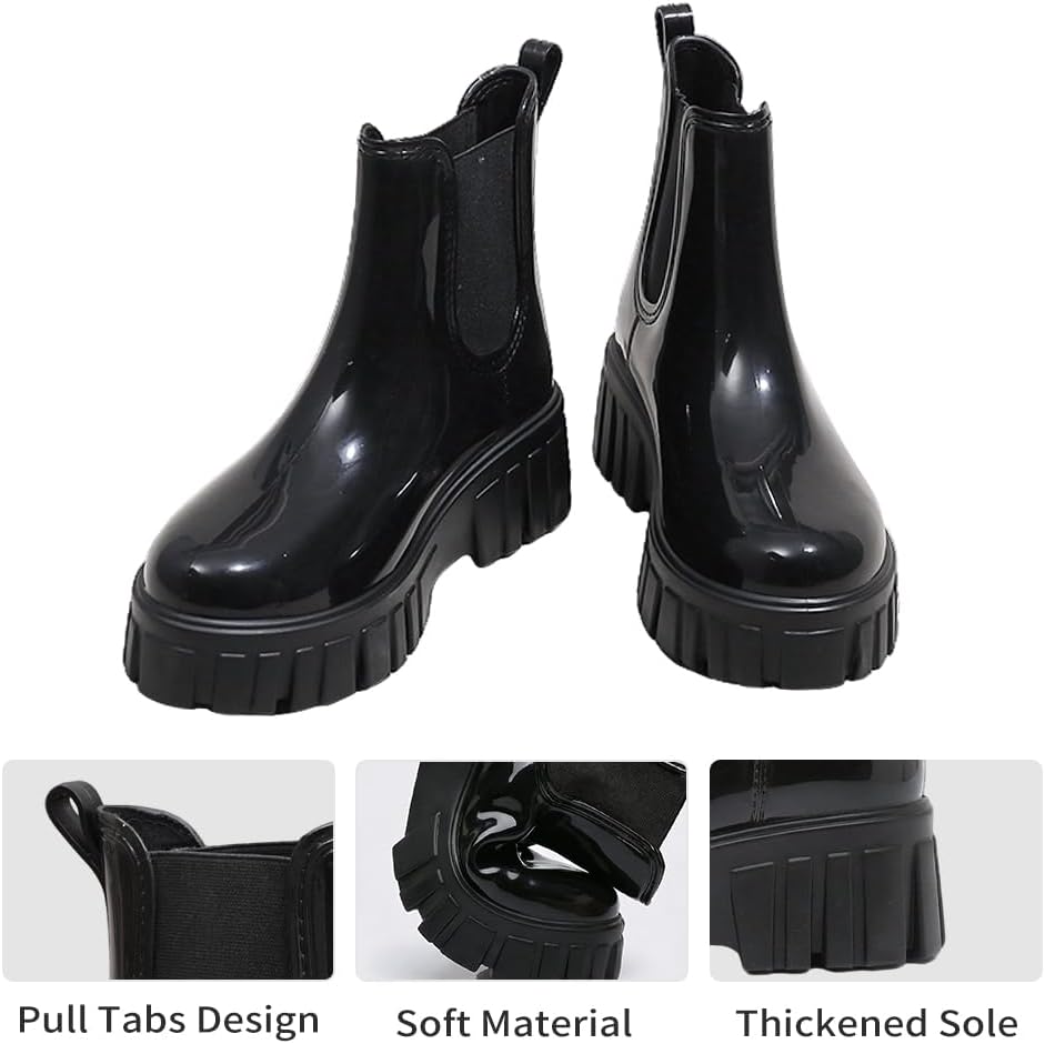 Drecage Waterproof Womens Chelsea Rain Boots, Stylish Glossy Short Rubber Ankle Boots, Lightweight Chunky Platform Heel Garden Rain Shoes, Slip-On Non Slip Booties