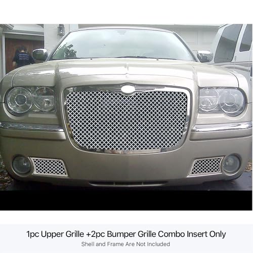 Image of APS Compatible with Chrysler 300C 2005-2010 with Fog Light Main Upper Lower Bumper Stainless Steel Chrome Mesh Front Grill Grille Insert Combo S18-U24877R