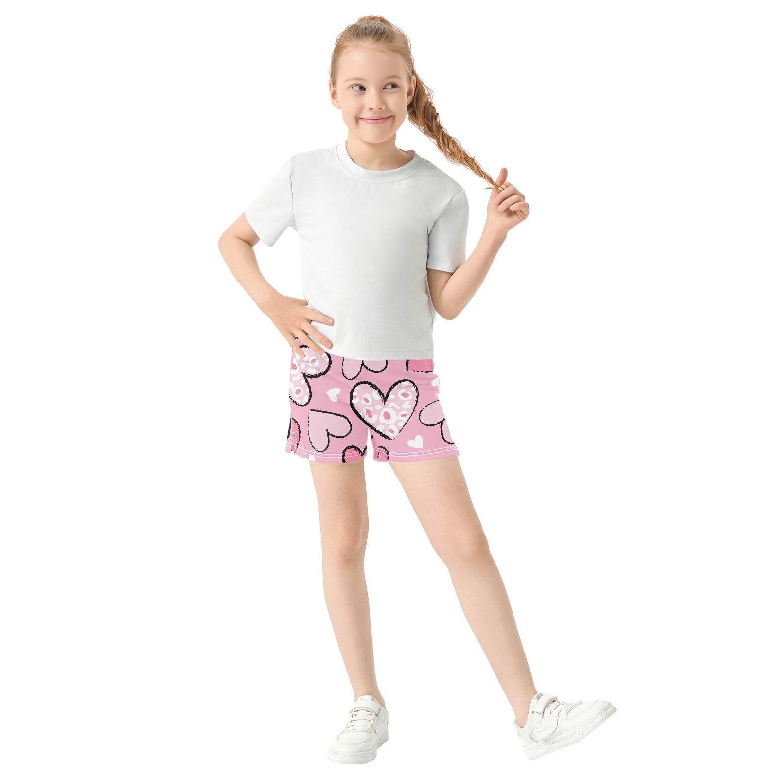 pnyoin Girl's Shorts Love Heart Leopard Print Athletic Running Shorts with Pockets Size 7-8t Multi