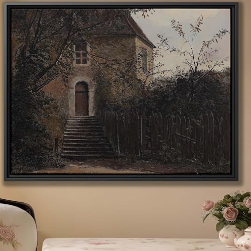 Rustic Cottage Pathway Art | Scenic Countryside Canvas Print | Vintage Wall Decor | Nature Landscape Oil Painting | Framed Artwork