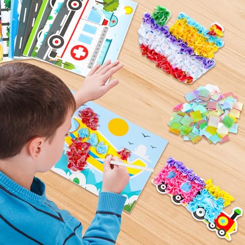 Image of Lonfliness 8PCS Poke Craft Kit Transportation Vehicle No-Mess Fabric Sewing Art Puzzle Puncture Painting Truck Car Gift Creative Activity Game Birthday Party Favors