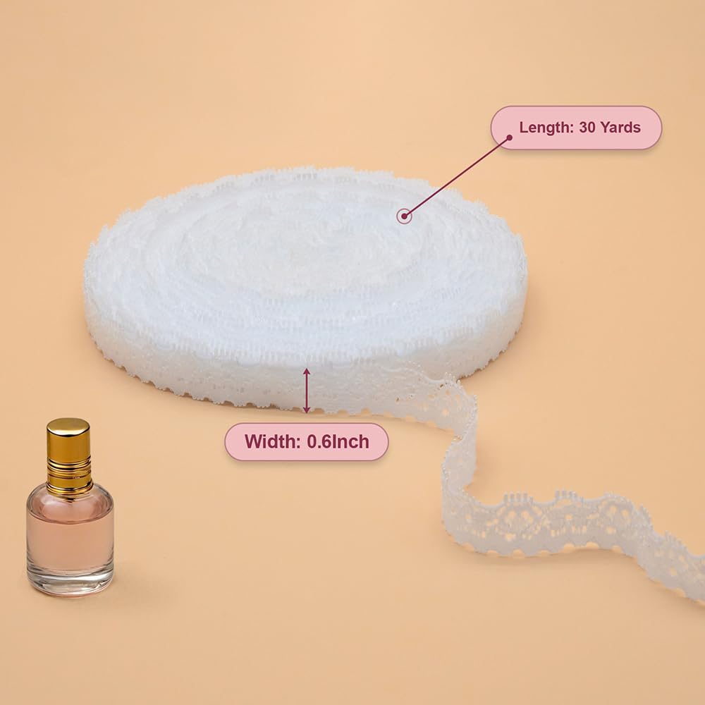 30 Yards White Lace Ribbon, 0.6 inch Narrow Elastic Lace Trim, Elegant Trim for Crafting, Gift Wrapping, Dress Embellishment, Wedding Decor, Bow Making & Sewing Crafts