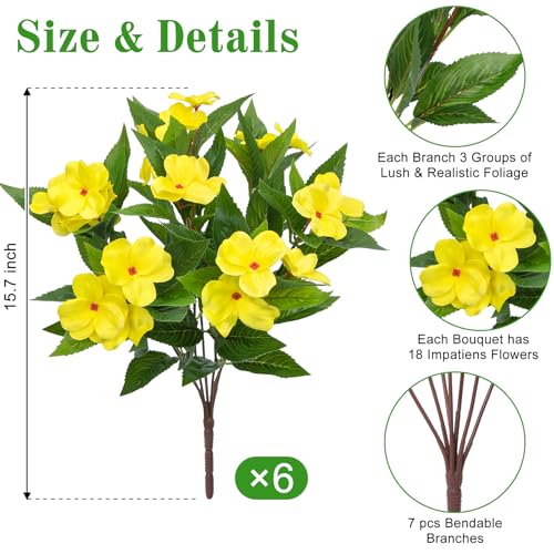 Image of Bassion 6 Bundles Artificial Flowers for Outdoors Fake Impatiens, Yellow | UV resistant, silk flowers, no fade realistic faux plants, outside patio garden porch planters window box balcony home decor