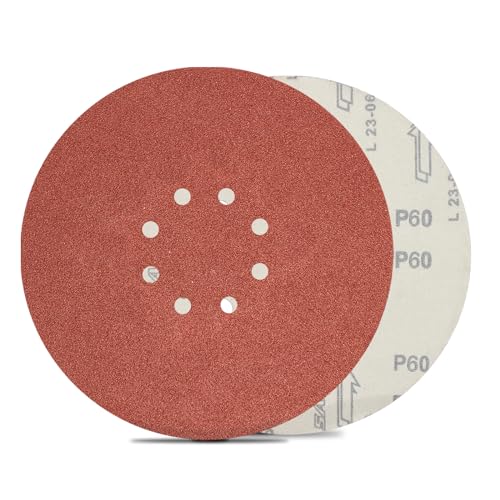 FEIHU 225 mm Sanding Disc 8 Holes P60 Grit. 9 Inch Hook and Loop Discs Sandpaper. 225mm Sanding Discs Pads,Grinding Wheels Diameter 225mm red Punched.For Drywall Sander Sanding Pads -15pcs