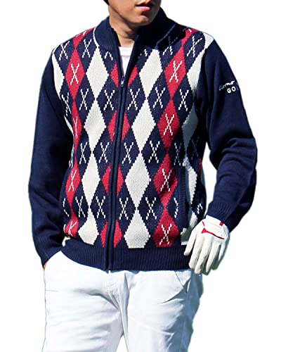 [MC MensCasual] [GIORNO SEVEN ジョルノセブン]ゴルフ セーター メンズ ニット ゴルフウェア アーガイル柄 ジップアップ ブルゾン ジャケット 秋冬 1-ネイビー XL