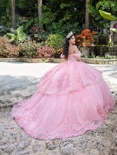 Lace Appliques Quinceanera Dresses Ruffled Ball Gown with Train Puffy Sweet 15 16 Dresses YU0232