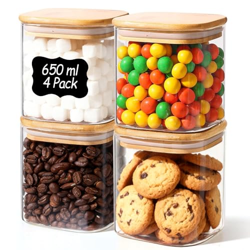 Image of ComSaf Set of 4 Storage Jars with Lids Airtight 650 ml - Glass Containers with Lid & Storage Jars for Kitchen Organiser Storage, Cereal Container and Storage Box Kitchen