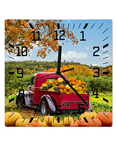 Loopop LPP-240702-SHZF03071CKDALOP Fall Wall Clock Pumpkin Truck Battery Operated Clocks Wooden Silent Non-Ticking Wallclock 10 Inch Autumn Maple Leaves Orange Thanksgiving Square Wall Clock cover