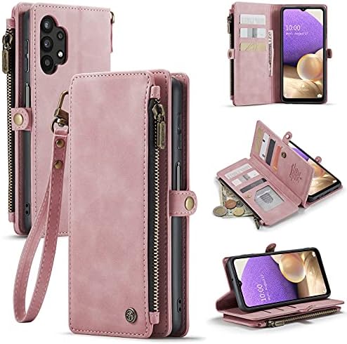 Defencase Galaxy A32 5G Wallet Case, Durable PU Leather, Magnetic Flip, Zipper Pocket, Lanyard Strap, Card Holder - Rose Pink