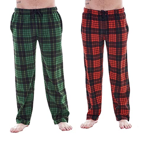 Keanu Mens Pack of 2 Lounge Pants | Check/Tartan/Animal Designs | Soft Fleece Sleep/Lounge Wear | Mens Sizes S - 2XL (Red/Green Tartan - L)