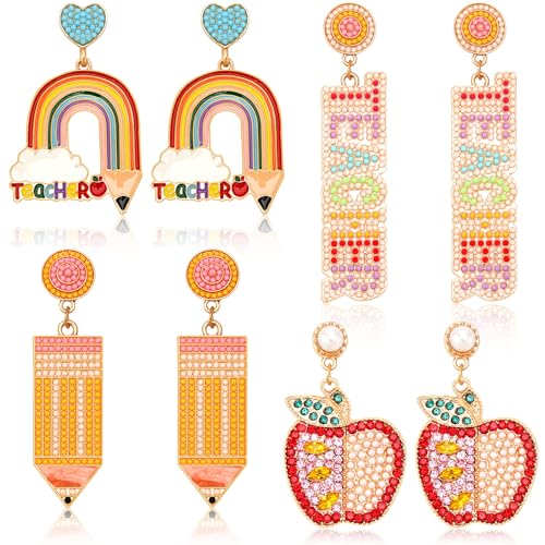 DTOFOOT 4 Pairs Teacher Earrings: Sparkly Crystal Studs & Rainbow Pencil Dangle Earrings for Graduation & Appreciation Gifts