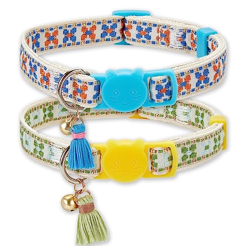 Jzswiepa 2 Pack Cat Collar Breakaway Cute Colorful Pattern for Cat Boy Girl Adjustable Length Collar with Little Bell Tassel Tribal Bohemian Pattern (2 Pack?Green+Blue)