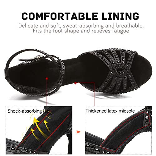 Image of JUODVMP Women's Latin Dance Shoes Rhinestones Satin Ballroom Dancing Shoes Salsa Professional Dance Shoes