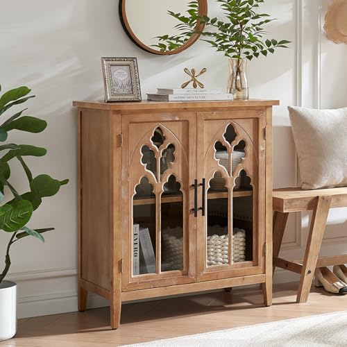 WINWY 30' Farmhouse Sideboard Buffet Credenza Cabinet, Decorative Accent Cabinet with 2 Carved Arched Glass Doors & Adjustable Shelf, Rustic Wooden Storage for Kitchen, Living Room(Natural)