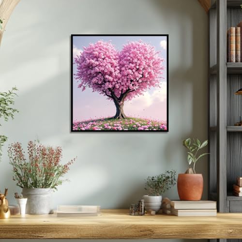 Image of AiYuanzsh 5D Diamond Painting Kits for Adults, Heart Flower Tree Diamond Art Kits for Beginners, Love Cherry Blossom Tree DIY Full Drill Diamond Dot Gem Painting for Home Wall Decor 13.8x13.8inch