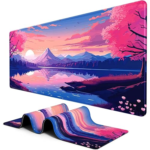 Image of Printed Gaming Mousepad - Premium Stitched Edges, Smooth Surface,Size 11x23 inches, Non-Slip Rubber Base - Ideal for Office & Gaming Setup (Anime Tranquil Sakura Lake)