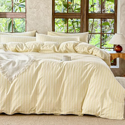 BESTDESIL Yellow Striped Duvet Cover Set 100% Washed Cotton Linen Like Soft Feelling Breathable Bedding(Light Yellow/White Strip Full)