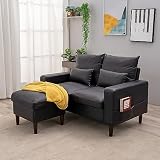 Panana 2 Seater Sofa with Footstool Compact Loveseat Couch Living Room Furniture with Armrest (Black Artificial Leather, Two-seat with Ottoman)
