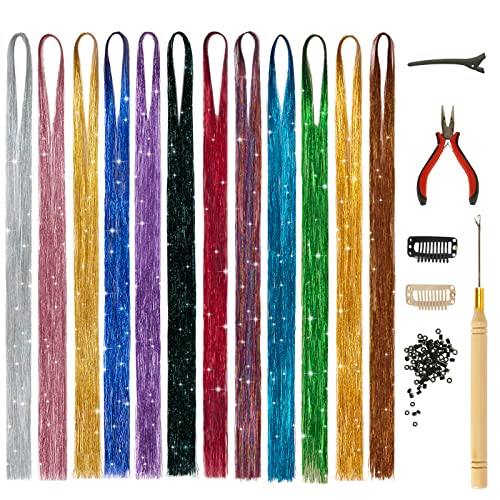 BARSDAR Kit Mèches de cheveux Tinsel avec outil, 12 Couleurs 2400 Brins Extensions de cheveux Étincelle scintillants de fée pour femmes Faits saillants des cheveux colorés pour Faire la fête Cover