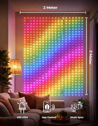 Image of Apex Curtain Light 2x2M Smart LED Curtain Lights with App Control, Music Sync, DIY Photo Display, 400 LEDs, Pixel Display, RGB Decorative Lights for Bedroom, Party, Festival & Gaming