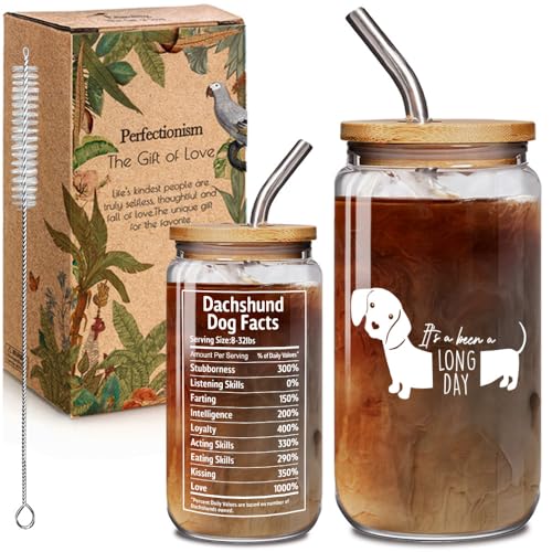 It's Been A Long Day Dachshund Glass Cups with Lids and Straws 16OZ, Dachshund Gifts for Women Men, Weiner Dogs Decor, Funny Iced Coffee Cup Gifts for Dog Lover, Mother's Day Gift for Dog Mom