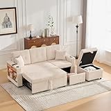 Divano in Velluto a Coste con Contenitore e Letto estraibile, Divano Letto con Porta USB-C e LED, Portabicchieri e Ampi braccioli, Sofa Soggiorni, Divano a 3 Posti, divano letto Matrimoniale, Beige