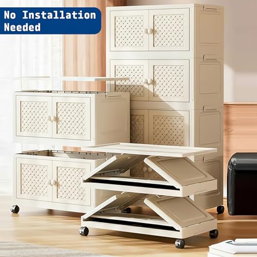 Image of House of Quirk Rattan Design Foldable Storage Box with Wheels, Stackable Storage Bins with Lid, Multi-Purpose Organizer, Space-Saving Storage Cabinet for Home (White, 4 Layer)