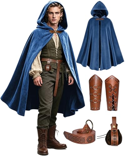 Image of Renaissance Hooded Cloak Set for Men Women Medieval Costume for Halloween