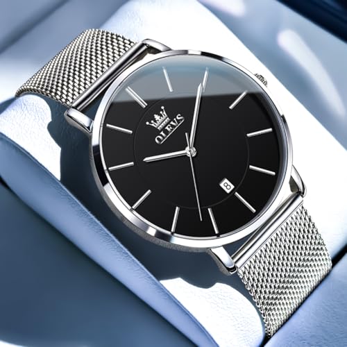 Image of OLEVS Men Leather Watches Black Ultra Thin 6.5mm Minimalist Dress Fashion Simple Casual Waterproof Date Watch for Men