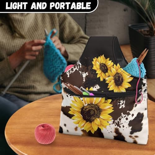 Image of KUIFORTI Sunflower Yarn Storage Bag Organizer Cow Print Crochet Tote Bag Portable Knitting Bags for Women Crochet Bags Large Size
