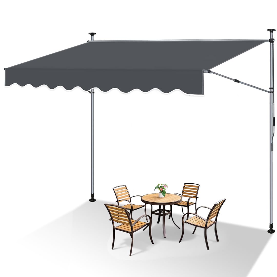 Ikodm Klemmmarkise 350cm Breit mit Handkurbel, Balkonmarkise ohne Bohren, Markise mit Verlängerten Einziehbaren Seitenstangen, UV-beständig höhenverstellbar Sonnenschutz, Anthrazit