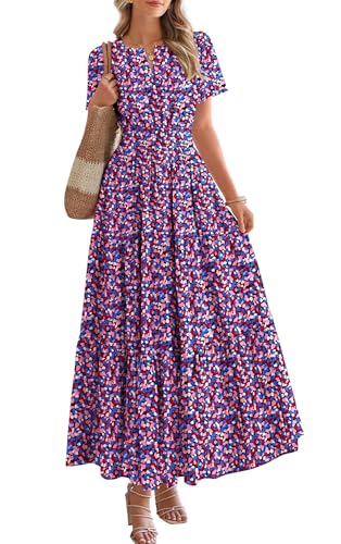 Image of BTFBM Womens Summer Floral Maxi Dresses V Neck Short Sleeve Boho Casual Flowy Long Wedding Guest Dress Beach Vacation